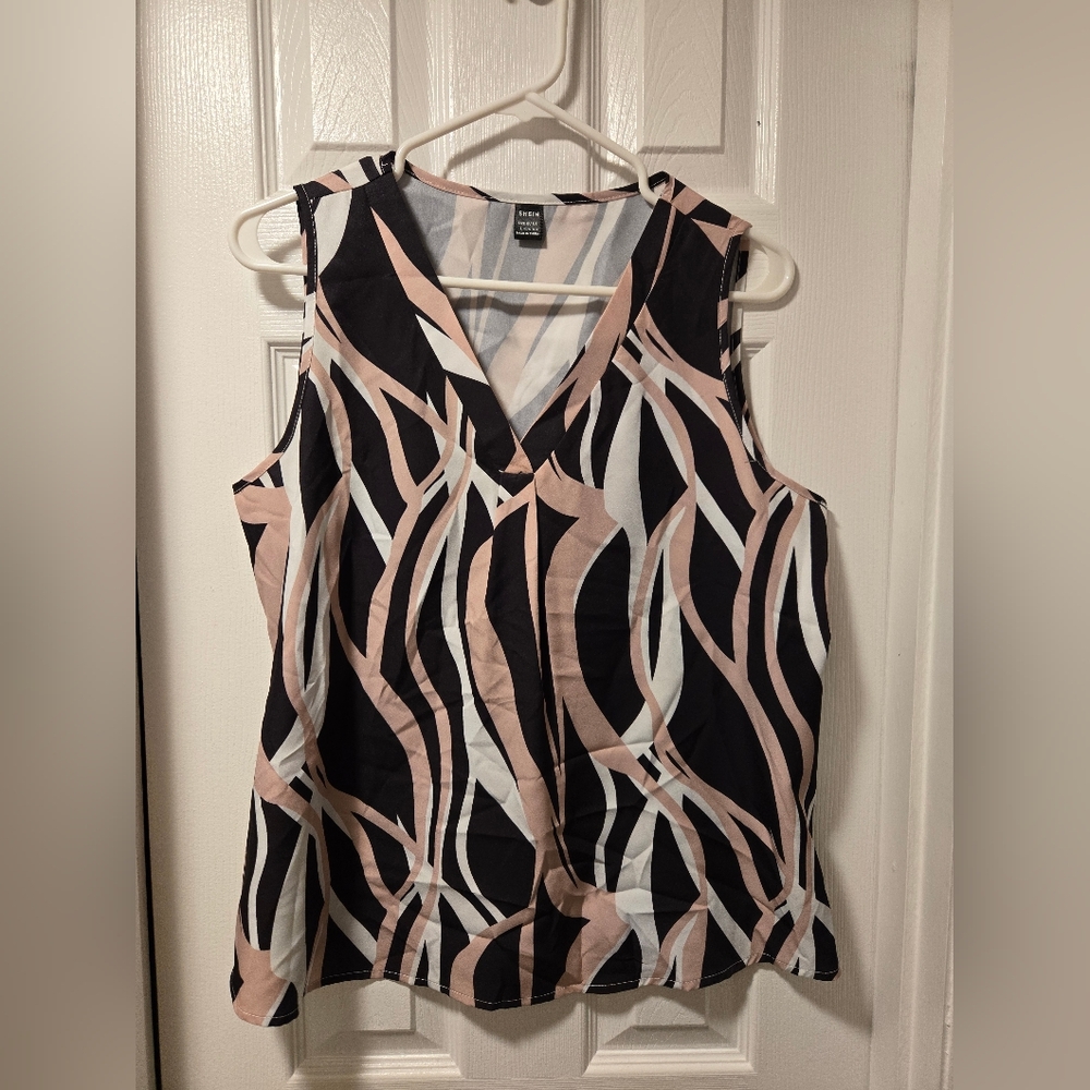 SHEIN Black and Beige Abstract Sleeveless Blouse L
